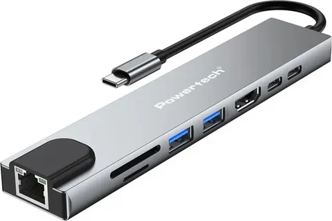 POWERTECH docking station PT-1536, 8 θυρών, USB-C σύνδεση, 87W PD, 100Mbps, γκρι