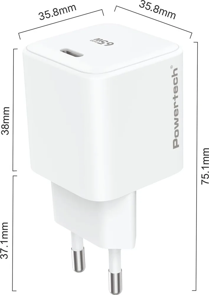 POWERTECH φορτιστής τοίχου PT-1577 με καλώδιο, USB-C, 65W, GaN, AVS, λευκός — εικόνα 4