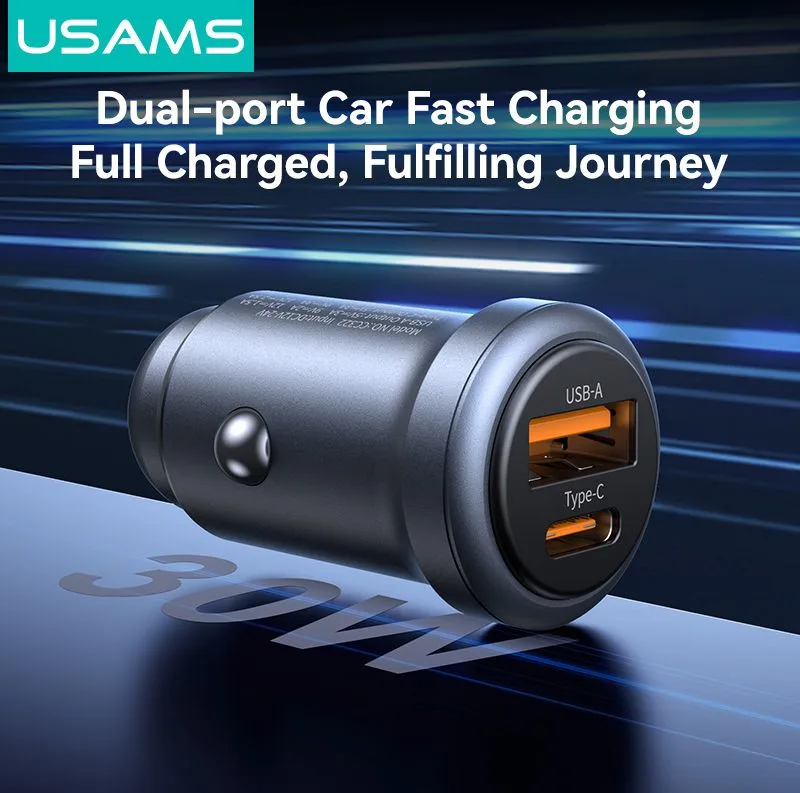 USAMS φορτιστής αυτοκινήτου CC322, USB & USB-C, 30W, γκρι — εικόνα 3