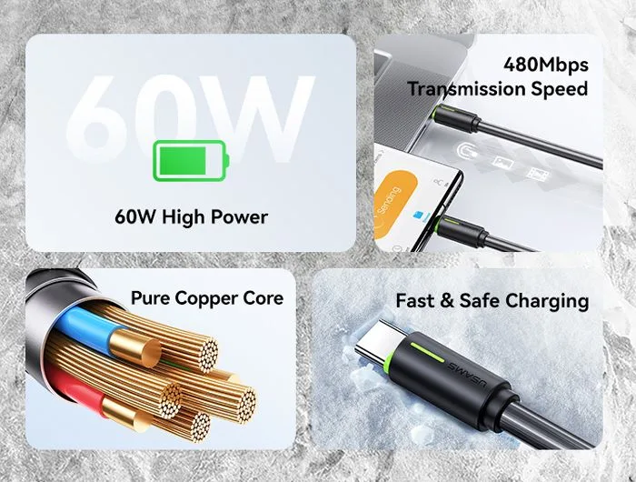 USAMS καλώδιο USB-C US-SJ734, 60W, 480Mbps, 1m, μαύρο — εικόνα 2