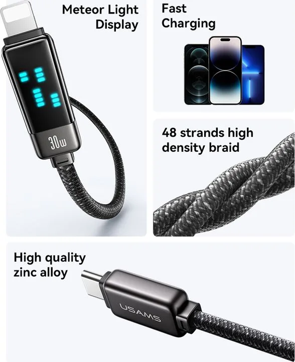 USAMS καλώδιο Lightning σε USB-C SJ743, 30W, 480Mbps, 1.2m, μαύρο — εικόνα 2