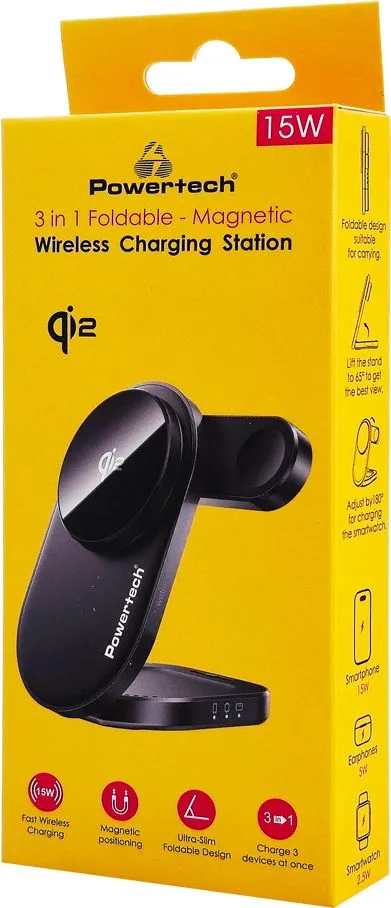 POWERTECH ασύρματος φορτιστής PT-1491, 3 σε 1, Qi2, 15W, μαύρος — εικόνα 6