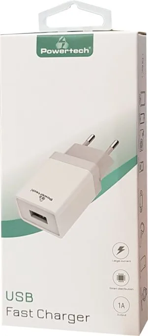 POWERTECH φορτιστής τοίχου PT-759, USB, 1A, λευκός — εικόνα 2