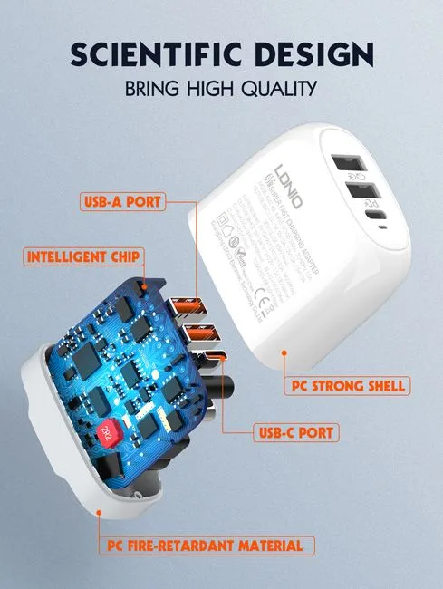 LDNIO φορτιστής τοίχου A3511Q με καλώδιο, USB-C/2x USB, 65W, GaN, λευκός — εικόνα 5