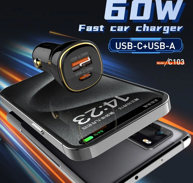 LDNIO φορτιστής αυτοκινήτου C103 με καλώδιο Lightning, USB/USB-C, 60W, μαύρος — εικόνα 2