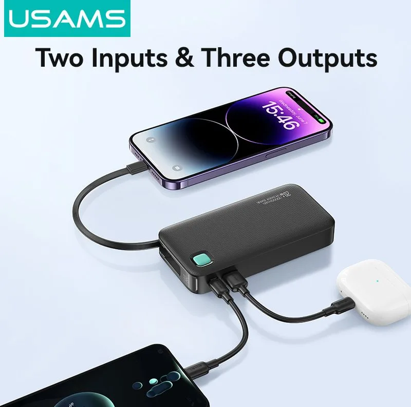 USAMS power bank CD225 με καλώδιο Lightning, 2x θύρες εξόδου, 10000mAh, 20W, μαύρο — εικόνα 2