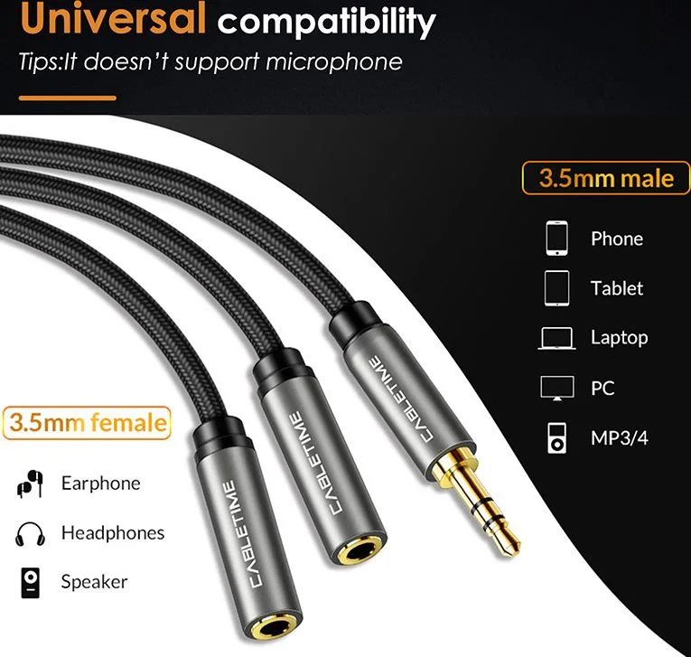 CABLETIME καλώδιο ήχου 3.5mm σε 2x 3.5mm CT-P12G, 3-pole, 20cm, μαύρο — εικόνα 2