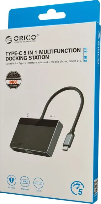ORICO docking station DM-5P, 5 θυρών, USB-C σύνδεση, 100W PD, 4K, μαύρο — εικόνα 4