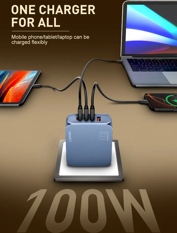 LDNIO φορτιστής τοίχου Q8 με καλώδιο USB-C, USB/Lightning/3x USB-C, GaN, 100W, μπλε — εικόνα 2