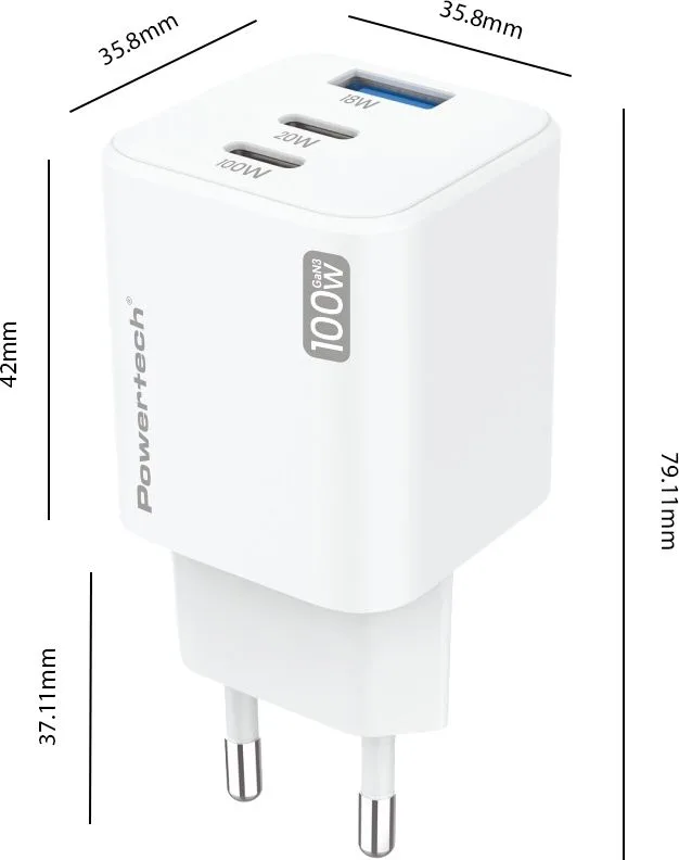 POWERTECH μίνι φορτιστής τοίχου PT-1671 με καλώδιο, USB/2x USB-C, 100W, GaN, λευκός — εικόνα 2