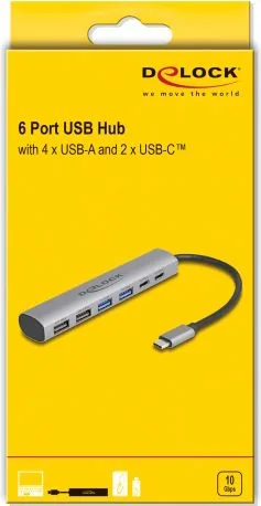 DELOCK USB hub 64232, 6x θυρών, 10Gbps, USB-C σύνδεση, γκρι — εικόνα 3