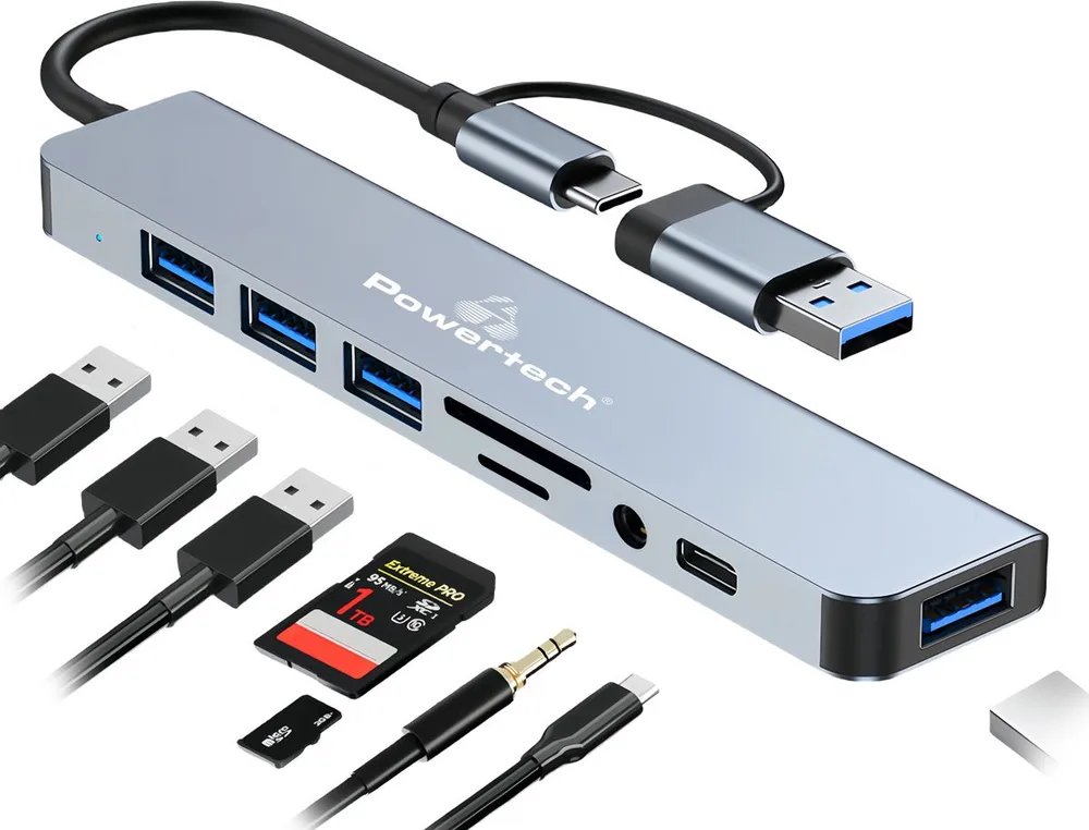 POWERTECH USB hub PTR-0151 με card reader, 8 θυρών, USB & USB-C, γκρι — εικόνα 2