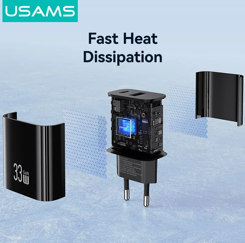 USAMS φορτιστής τοίχου CC317, USB & USB-C, 33W, GaN, μαύρος — εικόνα 5
