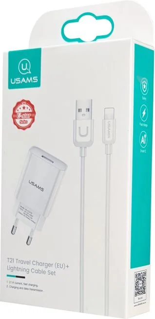 USAMS φορτιστής τοίχου T21OCLN01 με καλώδιο Lightning, USB 2.1A, λευκός — εικόνα 3