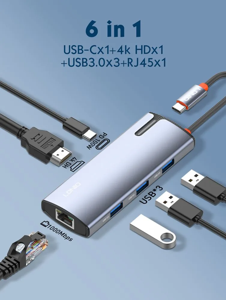 LDNIO docking station DS-16H, 6 θυρών, USB-C σύνδεση, 4K, 100W PD, γκρι — εικόνα 8