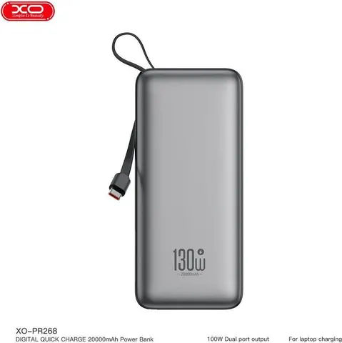 XO PR268, Powerbank, 20000MAh, 130W, με καλώδιο Type-C 100w, γκρι