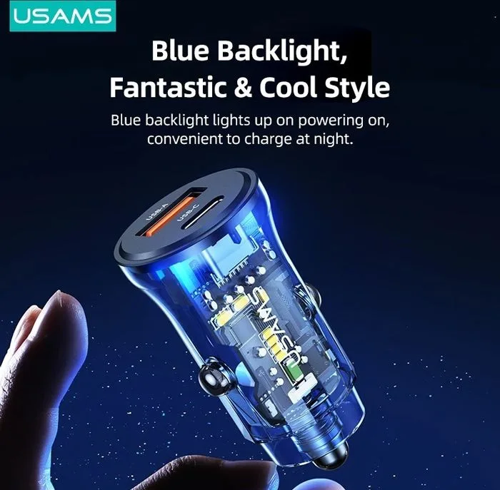 USAMS φορτιστής αυτοκινήτου US-CC164, USB & USB-C, 30W, μαύρος — εικόνα 3