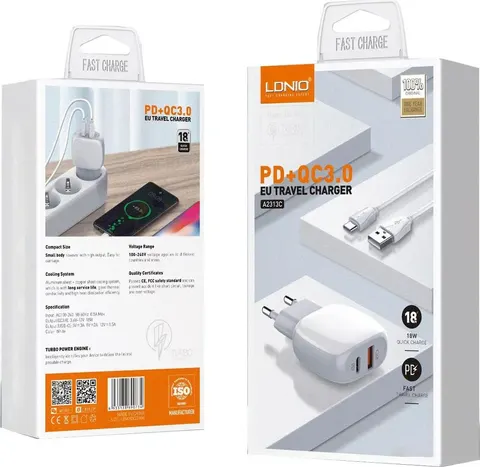 LDNIO A2313C φορτιστής QC3.0 + PD 18W με καλώδιο Lightning 1M