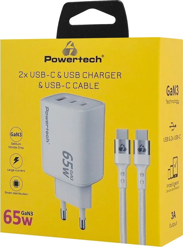 POWERTECH φορτιστής τοίχου PT-1415 με καλώδιο, USB/2x USB-C, 65W, GaN, λευκός — εικόνα 2