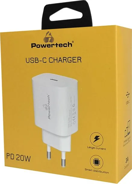 POWERTECH φορτιστής τοίχου PT-1091, USB-C, PD 20W, λευκός — εικόνα 3