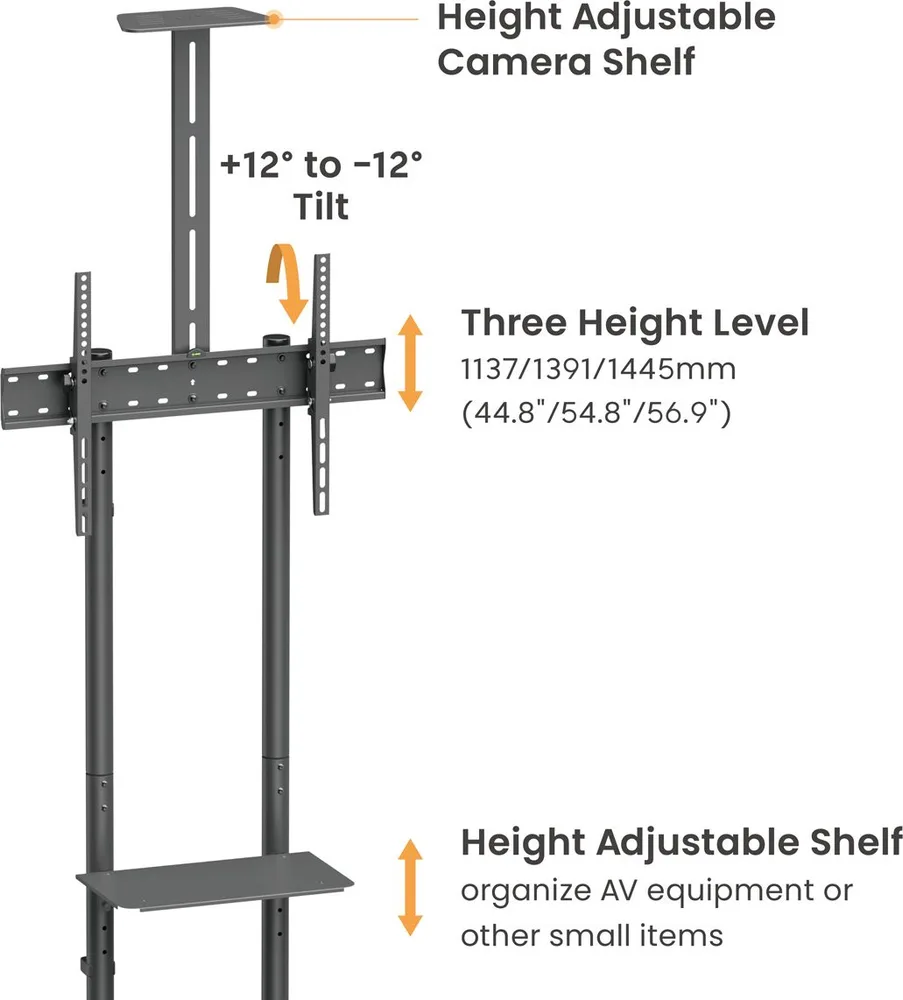 BRATECK βάση τηλεόρασης δαπέδου T1042T, 37-70", έως 45kg, με ράφια & ροδάκια — εικόνα 3