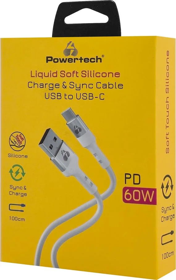 POWERTECH καλώδιο USB-C σε USB PTR-0162, σιλικόνης, 60W, 480Mbps, 1m, λευκό — εικόνα 2