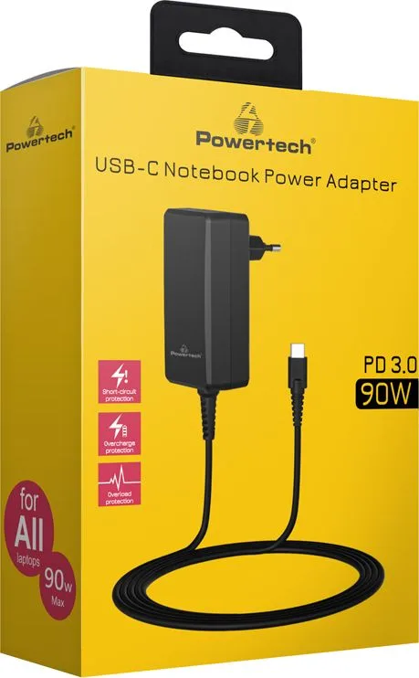 POWERTECH φορτιστής laptop PT-1157, USB-C PD, universal, 90W, μαύρος — εικόνα 2