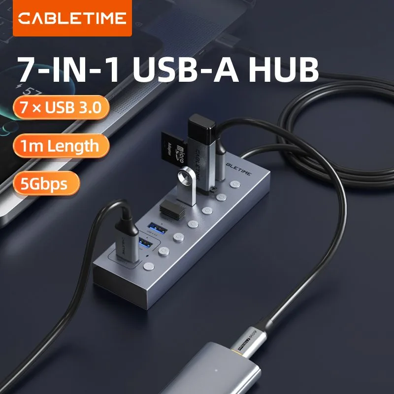 CABLETIME USB hub CT-HUBU7-AG, 7x θυρών, 5Gbps, USB σύνδεση, 1m, γκρι — εικόνα 2