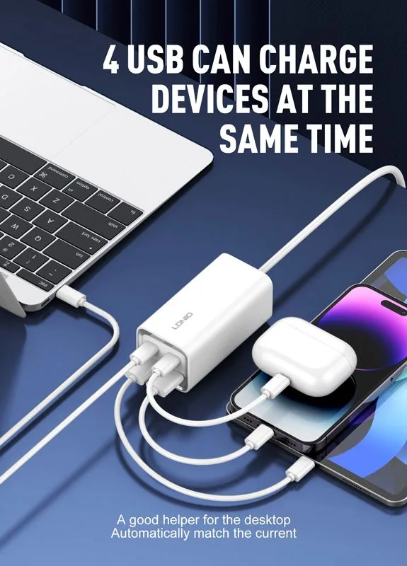 LDNIO σταθμός φόρτισης A4610C, 2x USB-C & 2x USB, 65W, PD/QC, λευκός — εικόνα 2