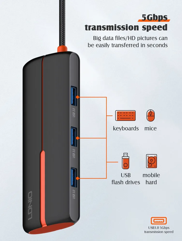 LDNIO docking station DS-25H, 5 θυρών, USB-C σύνδεση, 4K, 100W PD, μαύρο — εικόνα 7