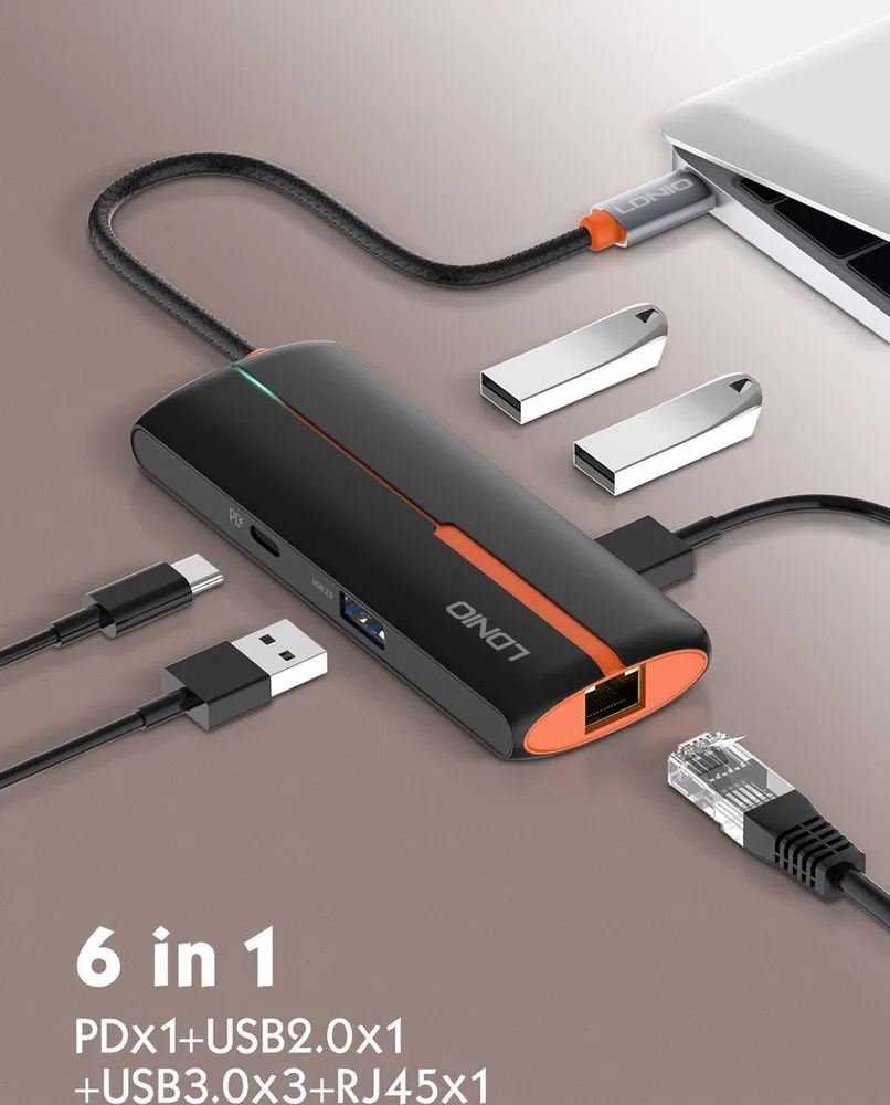 LDNIO USB hub DS-26U με θύρα δικτύου, 6 θυρών, USB-C σύνδεση, 100W PD, λευκό — εικόνα 5