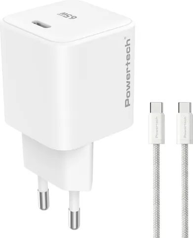 POWERTECH φορτιστής τοίχου PT-1577 με καλώδιο, USB-C, 65W, GaN, AVS, λευκός