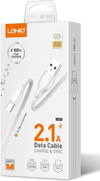 LDNIO καλώδιο USB-C σε USB LS371, 2.1A, 1m, λευκό — εικόνα 3