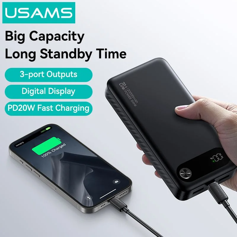 USAMS power bank CD251 με οθόνη, 3x θύρες εξόδου, 20000mAh, PD20W, μαύρο — εικόνα 6