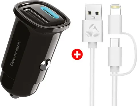 POWERTECH φορτιστής αυτοκινήτου με καλώδιο MFi USB σε micro USB/Lightning BNDL-0206, USB & USB-C, 30W, μαύρο/λευκό