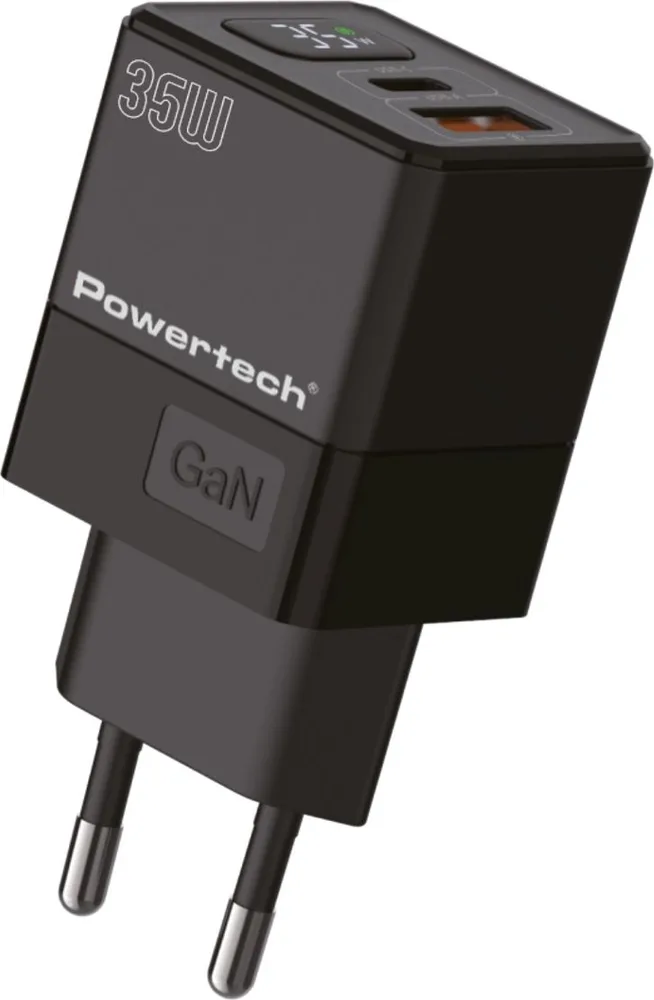 POWERTECH φορτιστής τοίχου PT-1499 με οθόνη, USB/USB-C, 35W, GaN, μαύρος — εικόνα 2