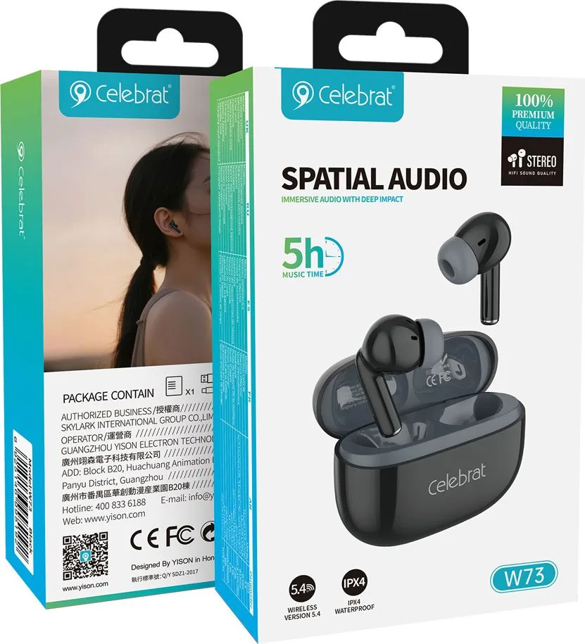 CELEBRAT earphones με θήκη φόρτισης W73, True Wireless, 13mm, 33/380mAh, μαύρα — εικόνα 6