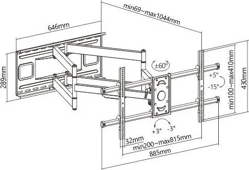 BRATECK επιτοίχια βάση τηλεόρασης LPA49-486XLD, 43-90", 80kg, heavy duty, full motion — εικόνα 7