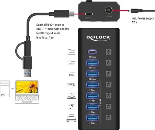 DELOCK USB hub 64326 με διακόπτες, 7x θυρών, 10Gbps, USB/USB-C σύνδεση, μαύρο — εικόνα 2