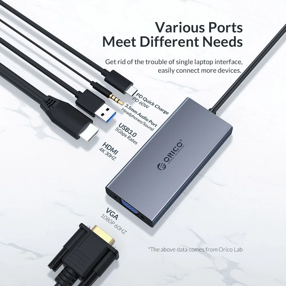 ORICO docking station MC-U501P, 5 θυρών, USB-C σύνδεση, 60W PD, 4K, γκρι — εικόνα 2
