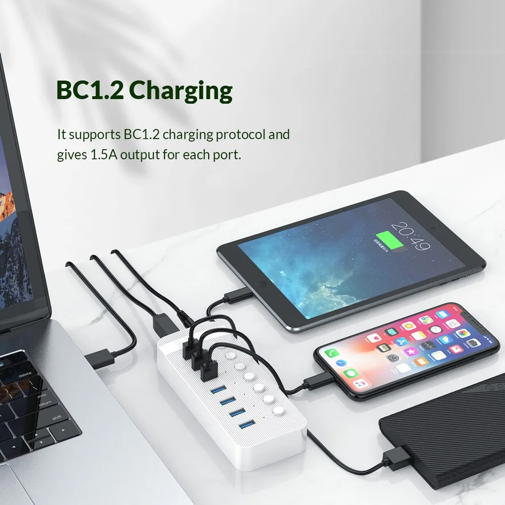 ORICO USB hub CT2U3-7AB με διακόπτες, 7x θυρών, USB 3.0, 5Gbps, USB σύνδεση, μαύρο — εικόνα 3