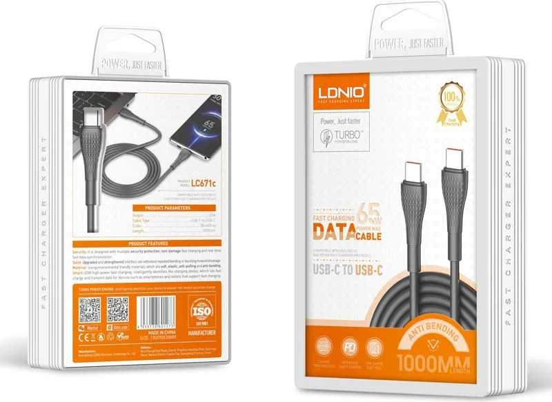 LDNIO καλώδιο USB-C σε USB-C LC671C, 65W PD, 1m, γκρι — εικόνα 5