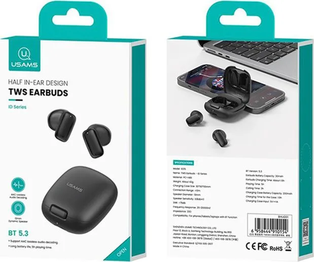 USAMS earphones με θήκη φόρτισης ID25, TWS, Φ13mm, 30/230mAh, μαύρα — εικόνα 5