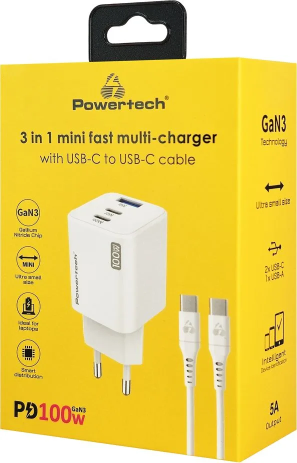 POWERTECH μίνι φορτιστής τοίχου PT-1671 με καλώδιο, USB/2x USB-C, 100W, GaN, λευκός — εικόνα 3