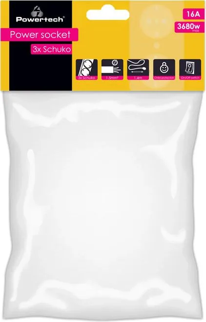 POWERTECH πολύπριζο ασφαλείας PT-1055, 3x schuko, 16A, 1.4m, λευκό — εικόνα 2