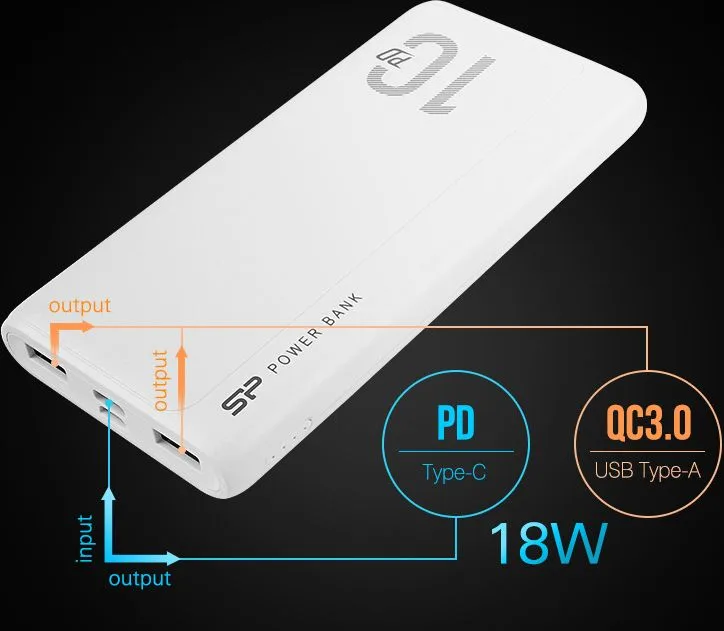 SILICON POWER power bank QP15, 10000mAh, 2x USB & USB Type-C, 3A, λευκό — εικόνα 2