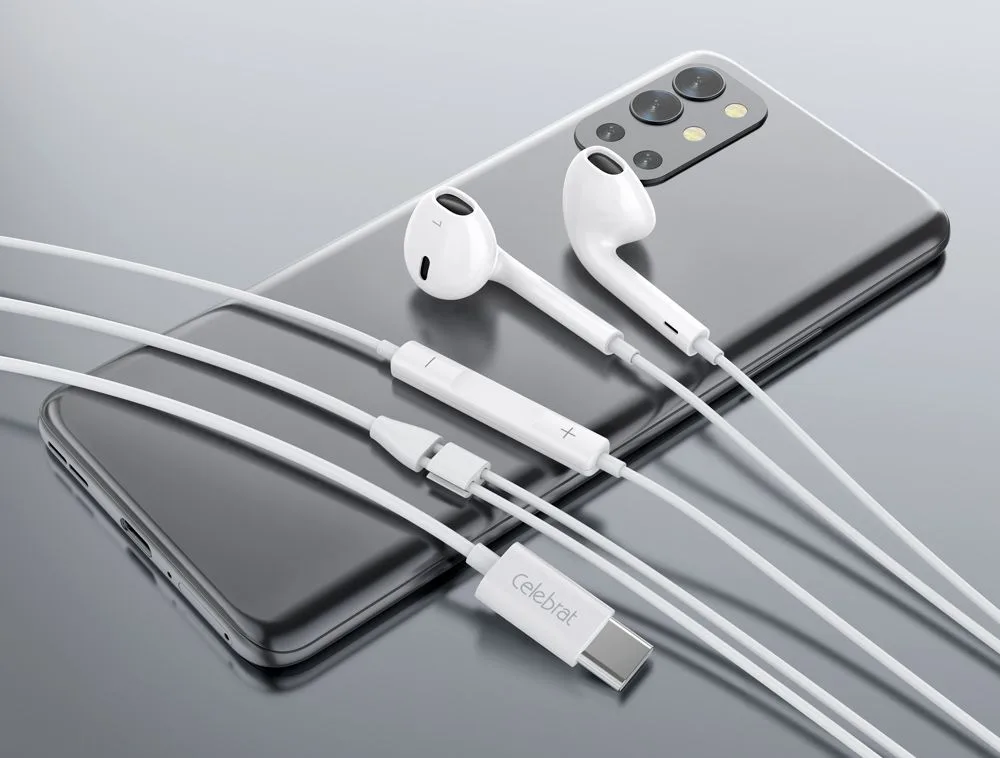 CELEBRAT earphones με μικρόφωνο E500, USB-C σύνδεση, Φ14mm, 1.2m, λευκά — εικόνα 2