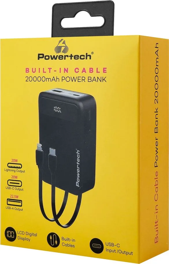 POWERTECH power bank PT-1504 με καλώδια & οθόνη, 20000mah, 22.5W, μαύρο — εικόνα 4