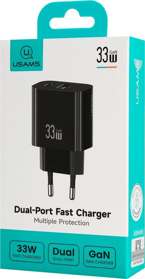 USAMS φορτιστής τοίχου CC317, USB & USB-C, 33W, GaN, μαύρος — εικόνα 6