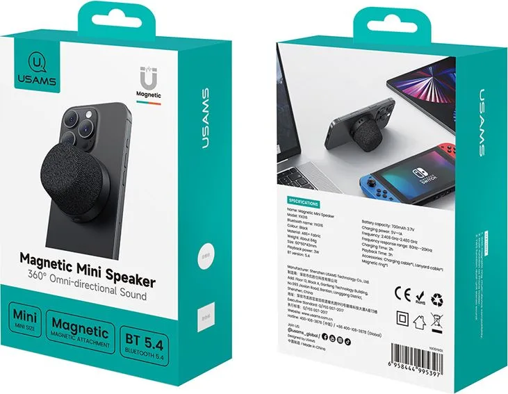 USAMS μίνι φορητό ηχείο YX016, μαγνητικό, 3W, Bluetooth, 700mAh, μαύρο — εικόνα 8